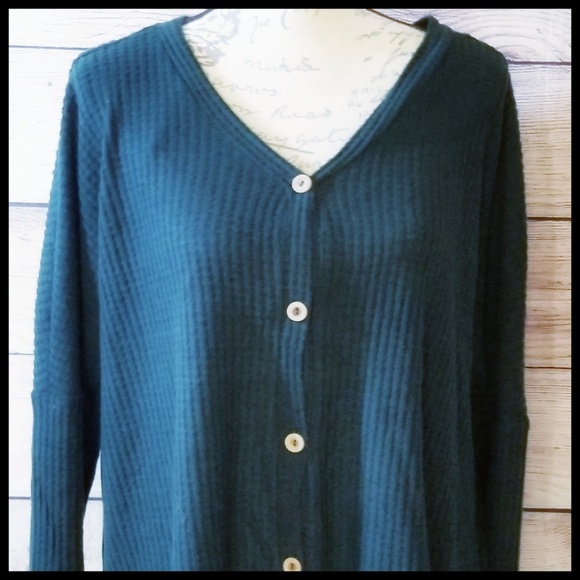 Last One! Tie Front Waffle Knit Top, Green, NIP - Picture 7 of 8